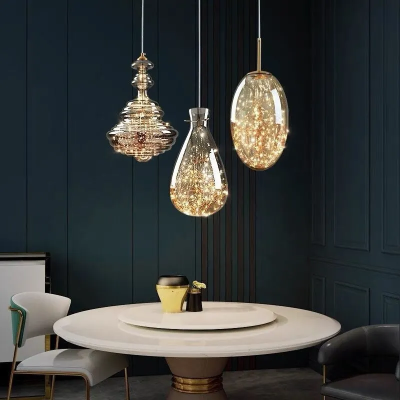 Modern glass chandelier droplight with adjustable height mechanism and LED lighting