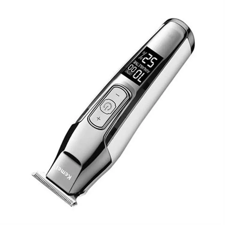 Barber scissors with LCD display showing battery status and stainless steel cutting blades