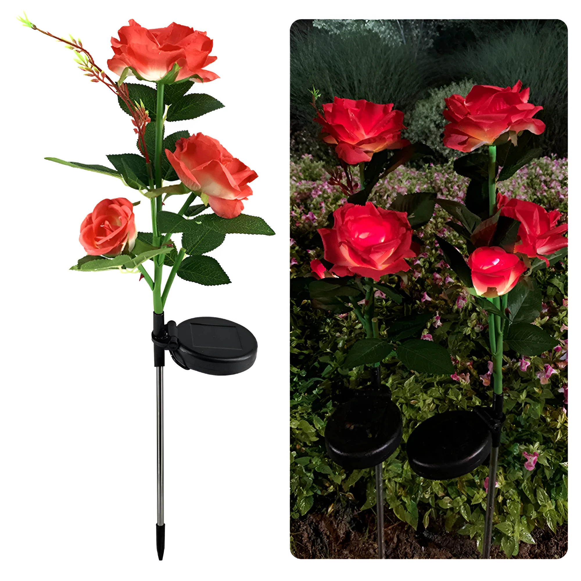 Outdoor solar rose garden light with three silk cloth flower heads on 80cm stainless steel and PVC stem