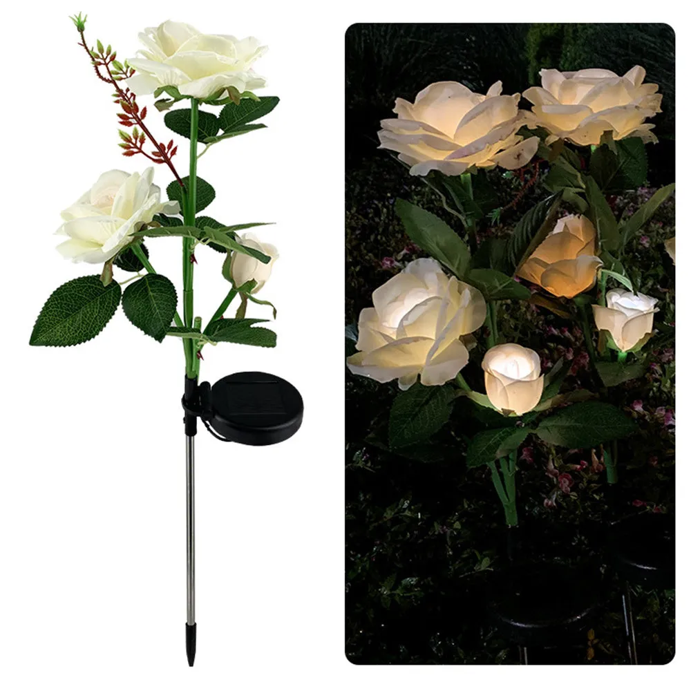 Outdoor solar rose garden light with three silk cloth flower heads on 80cm stainless steel and PVC stem