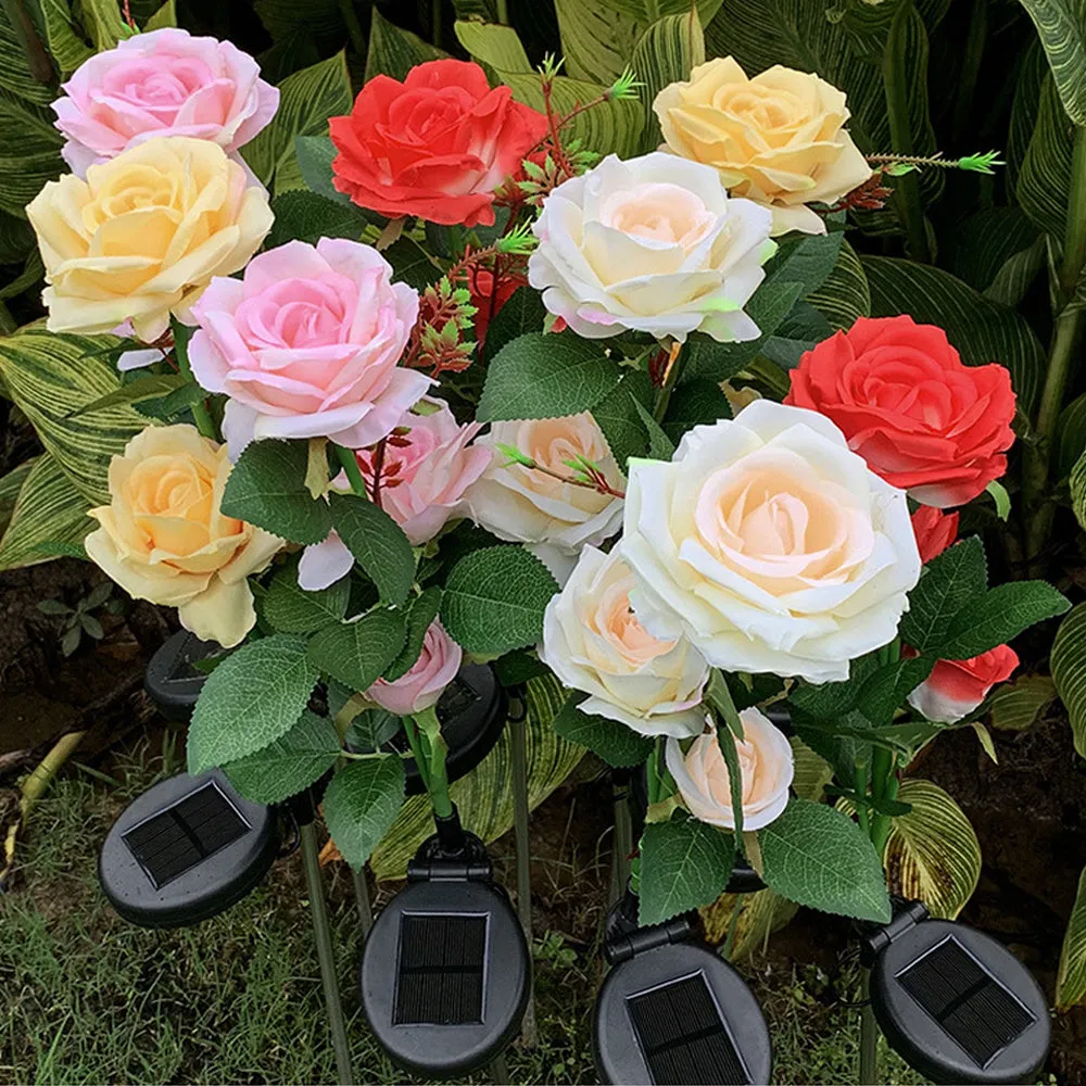 Outdoor solar rose garden light with three silk cloth flower heads on 80cm stainless steel and PVC stem