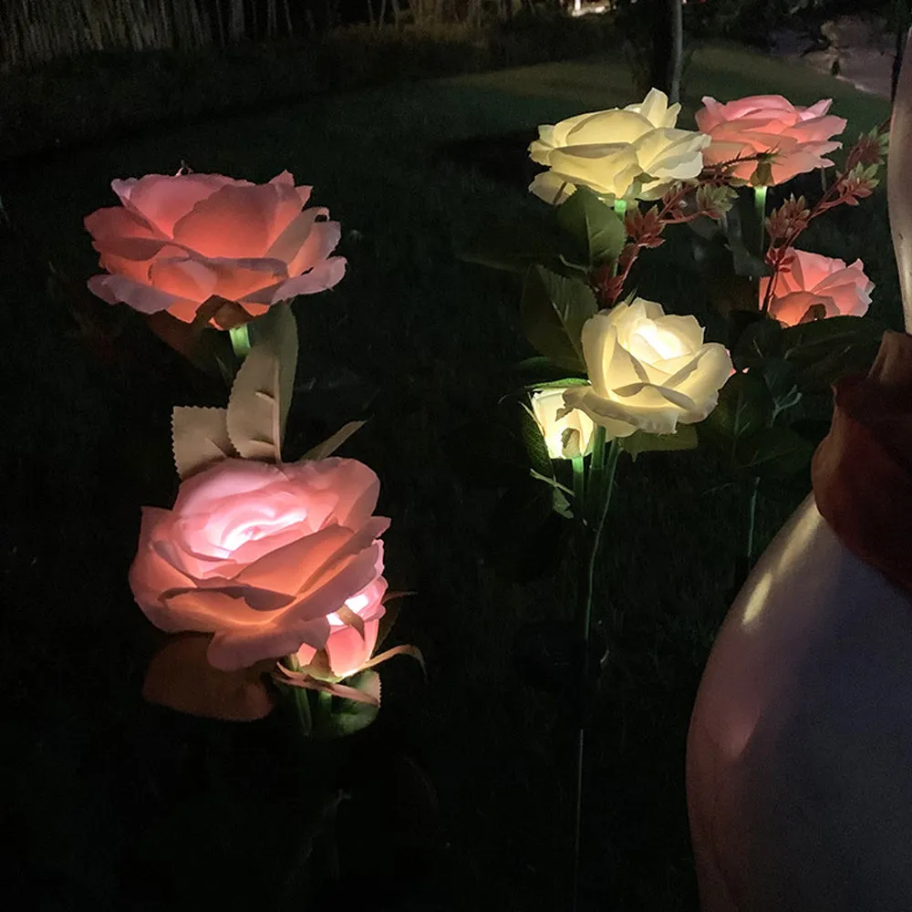 Outdoor solar rose garden light with three silk cloth flower heads on 80cm stainless steel and PVC stem