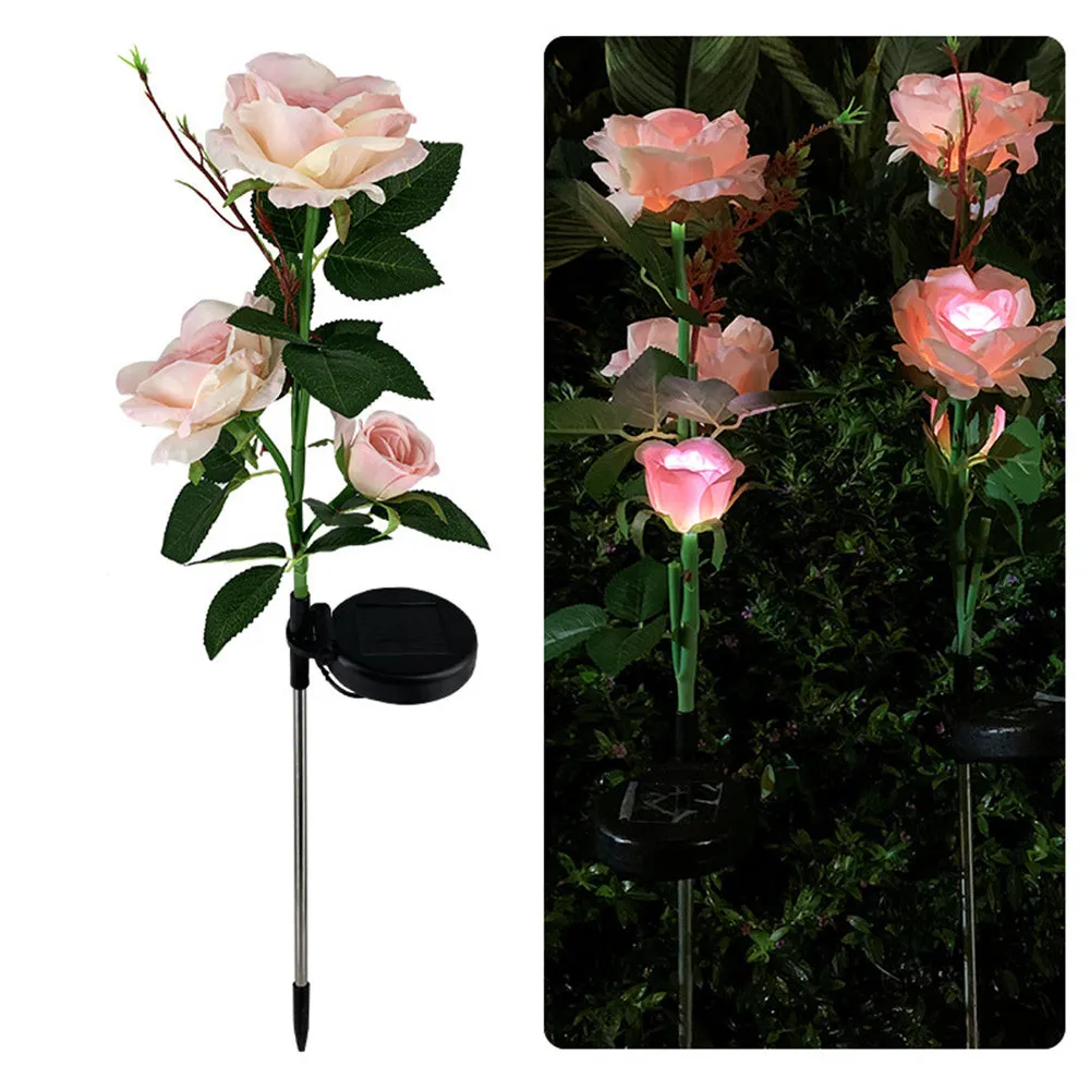 Outdoor solar rose garden light with three silk cloth flower heads on 80cm stainless steel and PVC stem