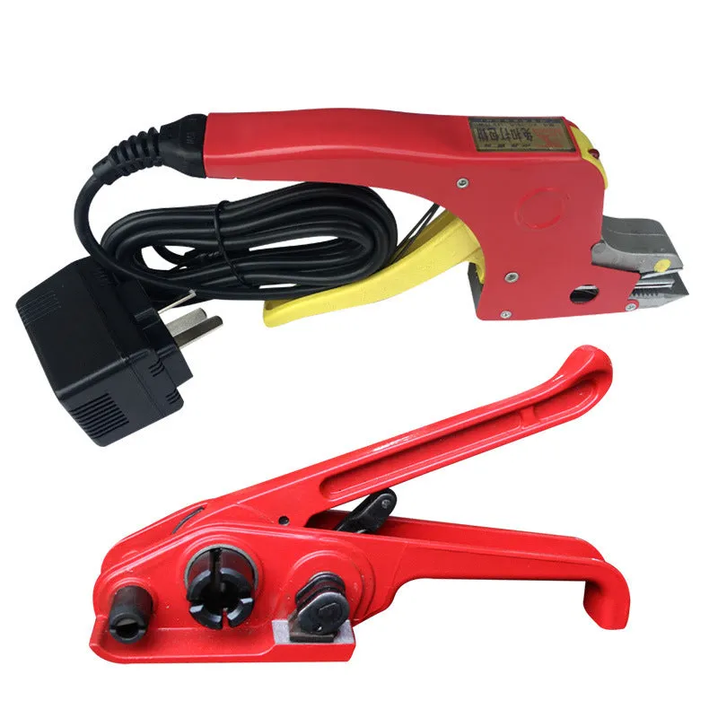 Electric hot melt packing machine suit with plastic steel tensioner and yellow packing tape for 25kg packages