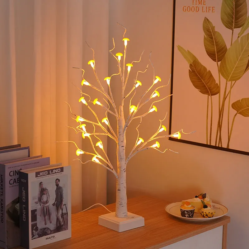 60cm tall white birch tree LED lamp with 24 small removable mushroom lights