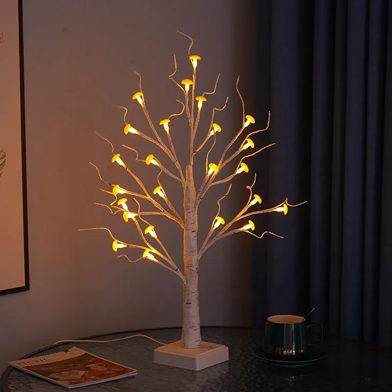 60cm tall white birch tree LED lamp with 24 small removable mushroom lights