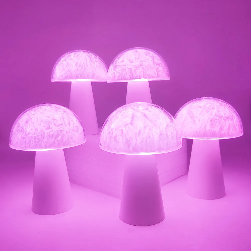 White mushroom-shaped night light with remote control on a wooden surface, showing soft RGB glow.