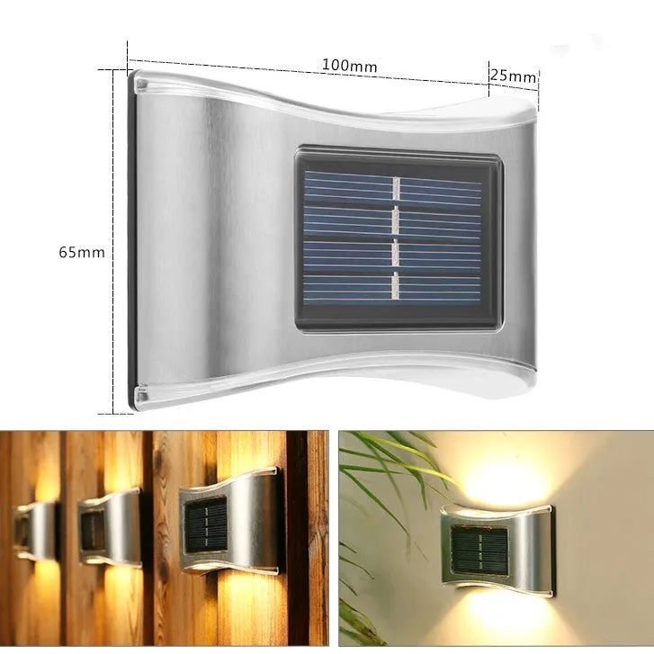 Solar-powered outdoor garden wall light in plastic or stainless steel with LED illumination