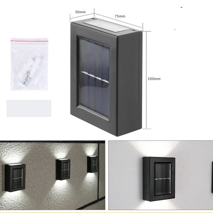 Solar-powered outdoor garden wall light in plastic or stainless steel with LED illumination