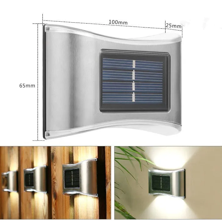 Solar-powered outdoor garden wall light in plastic or stainless steel with LED illumination