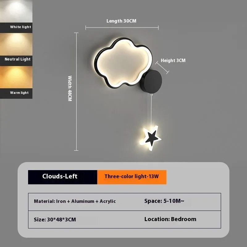 White left-facing cloud children's bedside wall lamp with a three-colour LED light on a bedroom wall.