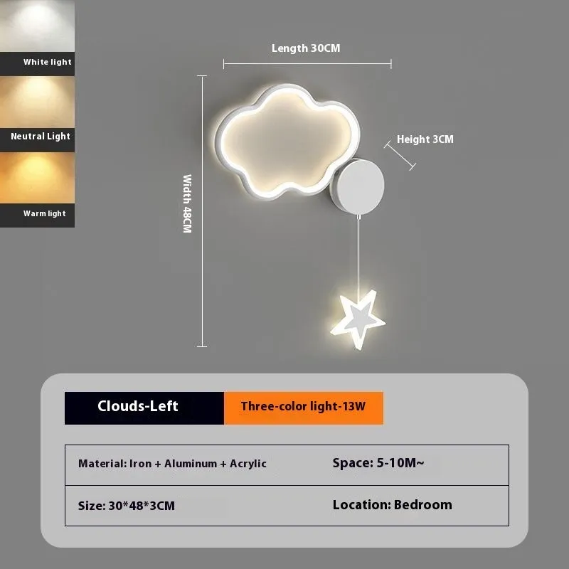 White left-facing cloud children's bedside wall lamp with a three-colour LED light on a bedroom wall.