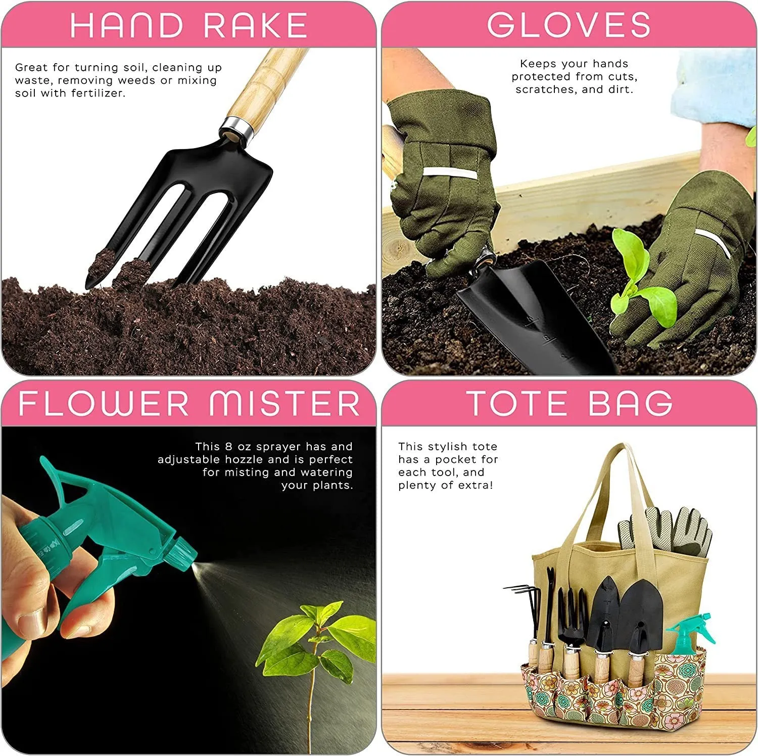 Eight-piece stainless steel gardening tool set with trowel, fork, cultivator and weeder.