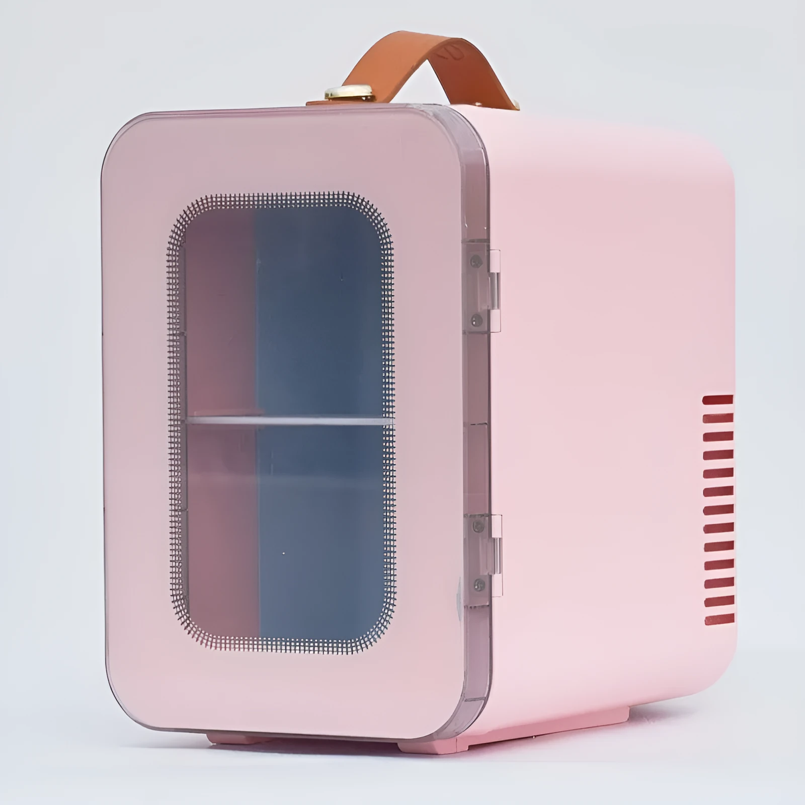 Beauty mini refrigerator with transparent door in pink, black, or white colours for car and home use