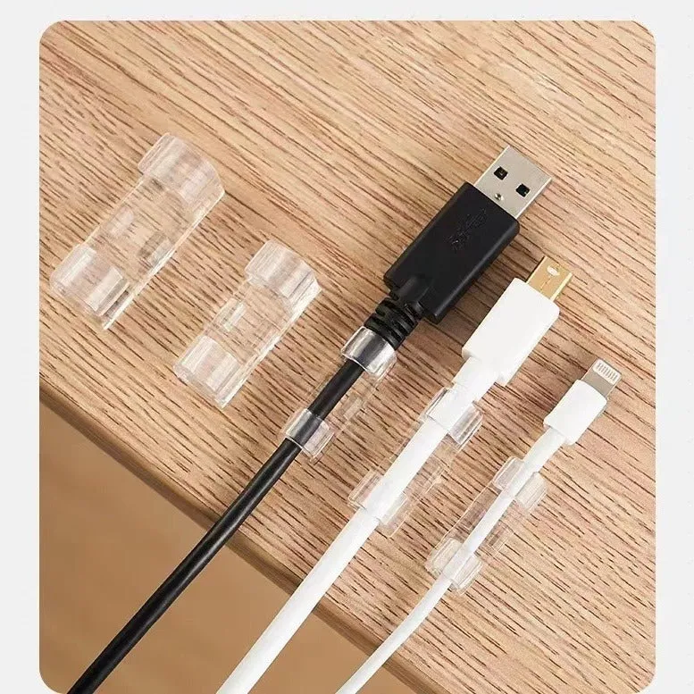 Transparent plastic self-adhesive cable clips for wire organisation in four sizes