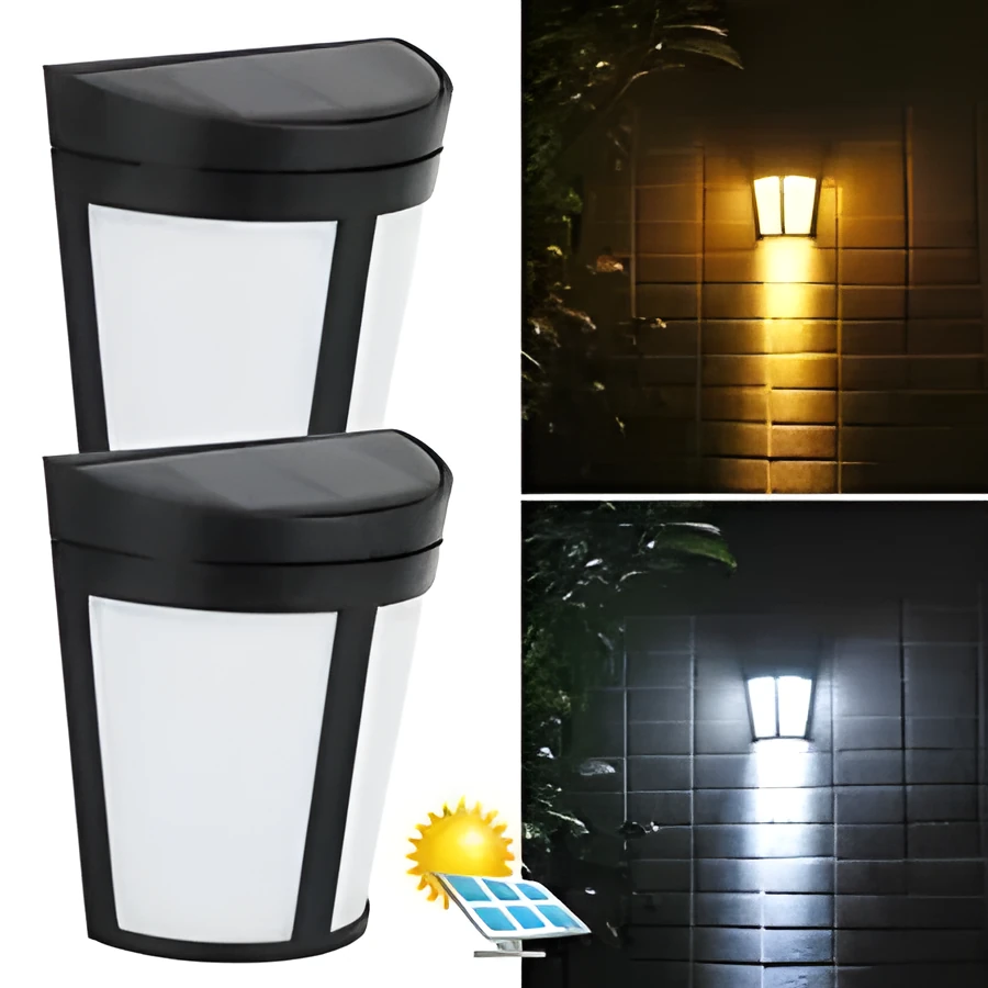 Solar wall lamp with 6 LED lights in IP65 waterproof housing for outdoor garden and courtyard illumination