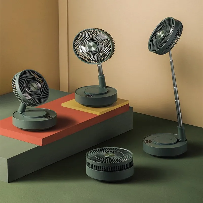 Green telescopic floor fan shown in both desktop and extended vertical positions with remote control