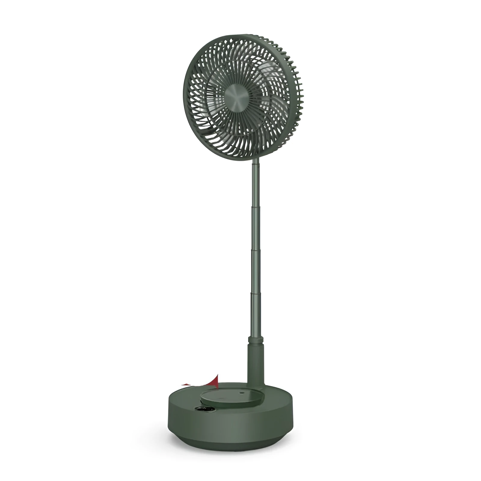 Green telescopic floor fan shown in both desktop and extended vertical positions with remote control