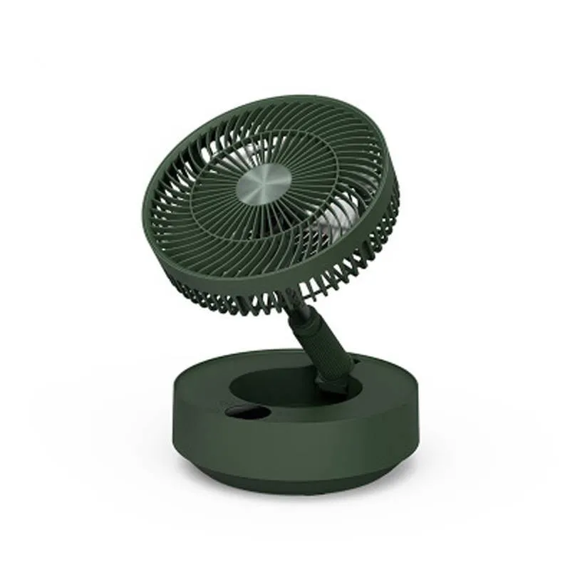 Green telescopic floor fan shown in both desktop and extended vertical positions with remote control
