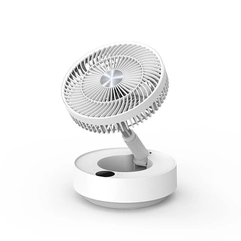Green telescopic floor fan shown in both desktop and extended vertical positions with remote control