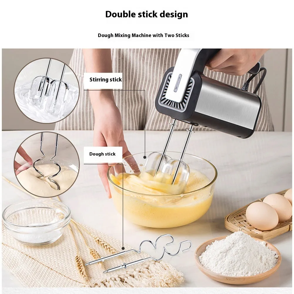 Silver handheld electric whisk with five speed settings and dual voltage compatibility