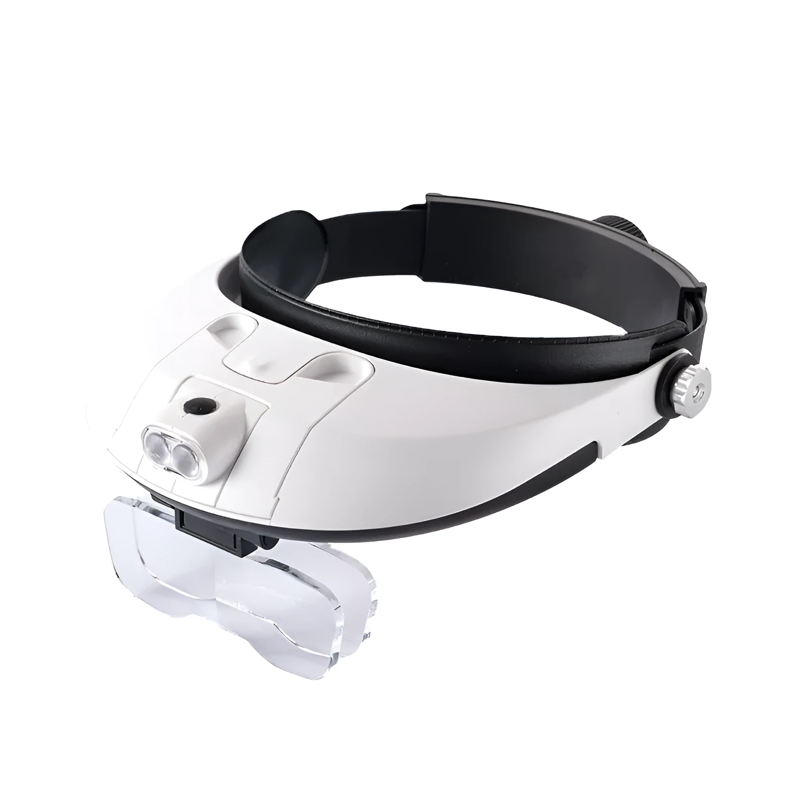 Headband-mounted magnifying glass with five interchangeable acrylic lenses and two white LED lights on the frame.