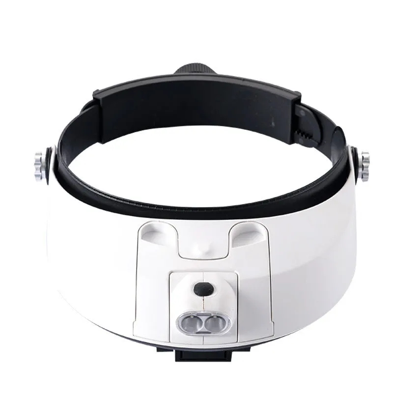 Headband-mounted magnifying glass with five interchangeable acrylic lenses and two white LED lights on the frame.