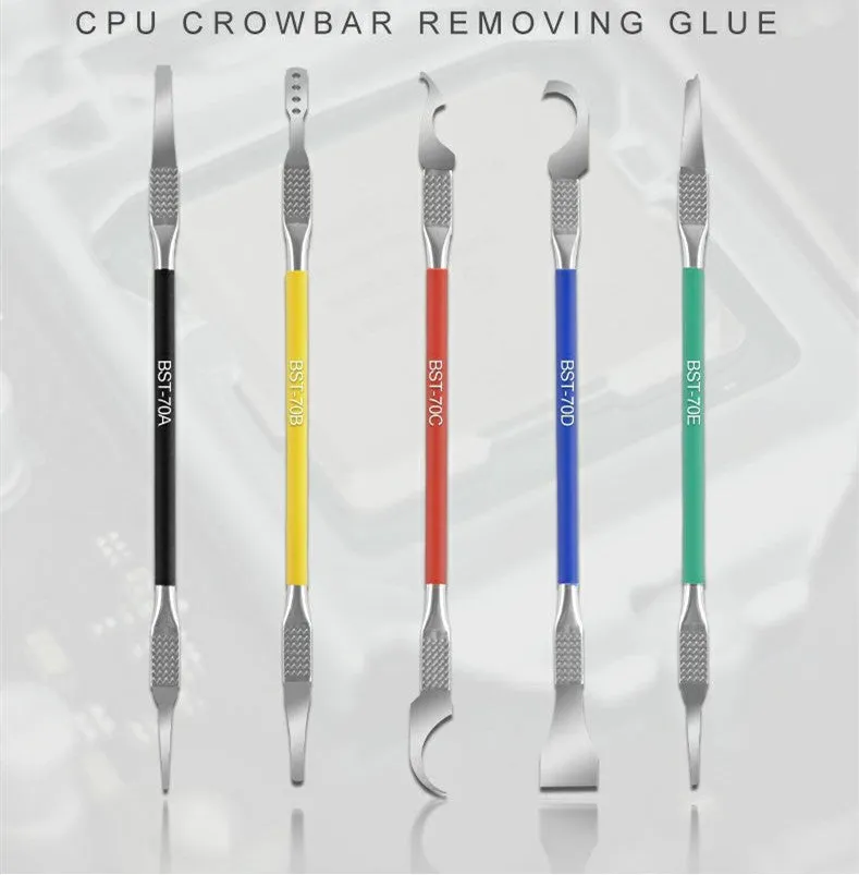 Five-piece plastic tool disassembly set with stainless steel crowbar blades for component removal