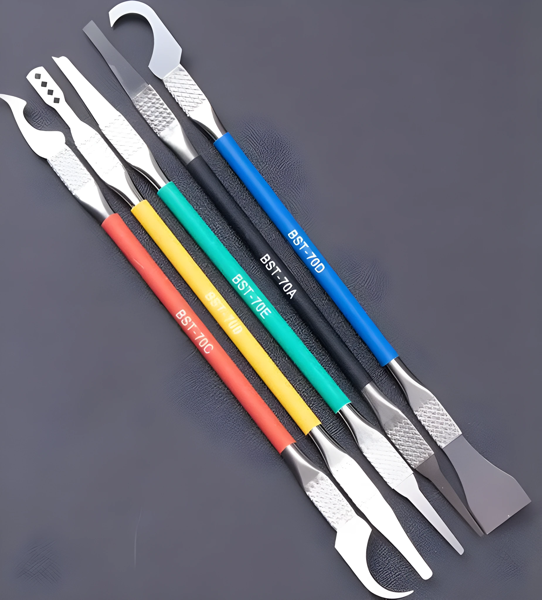 Five-piece plastic tool disassembly set with stainless steel crowbar blades for component removal