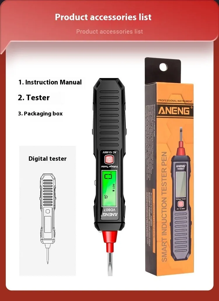 Black and red digital voltage tester pen with LCD display for electrical testing.