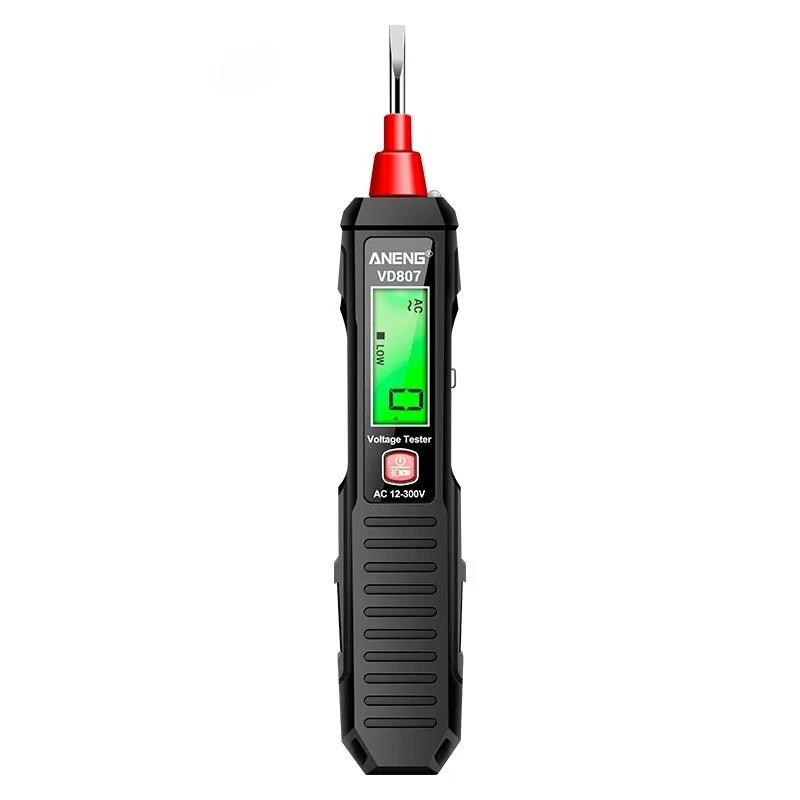 Black and red digital voltage tester pen with LCD display for electrical testing.