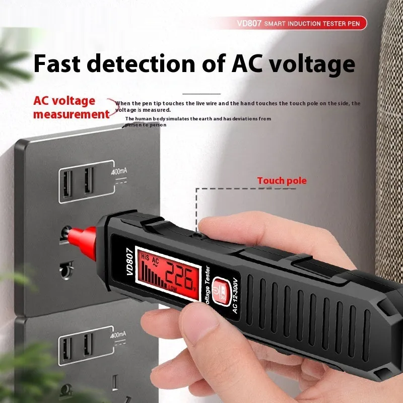 Black and red digital voltage tester pen with LCD display for electrical testing.