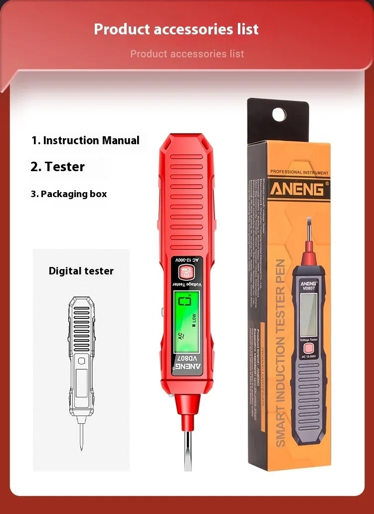 Black and red digital voltage tester pen with LCD display for electrical testing.
