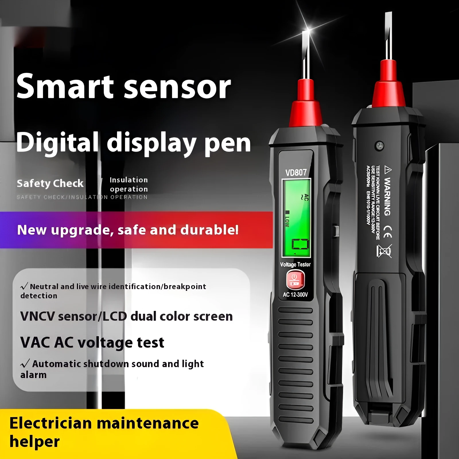 Black and red digital voltage tester pen with LCD display for electrical testing.