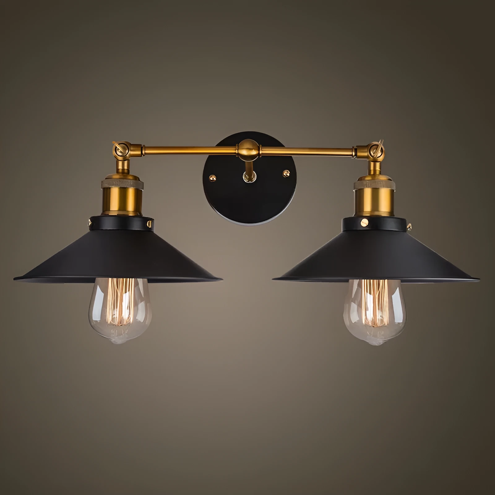 Black double head American retro industrial style iron wall lamp on a dark wall.