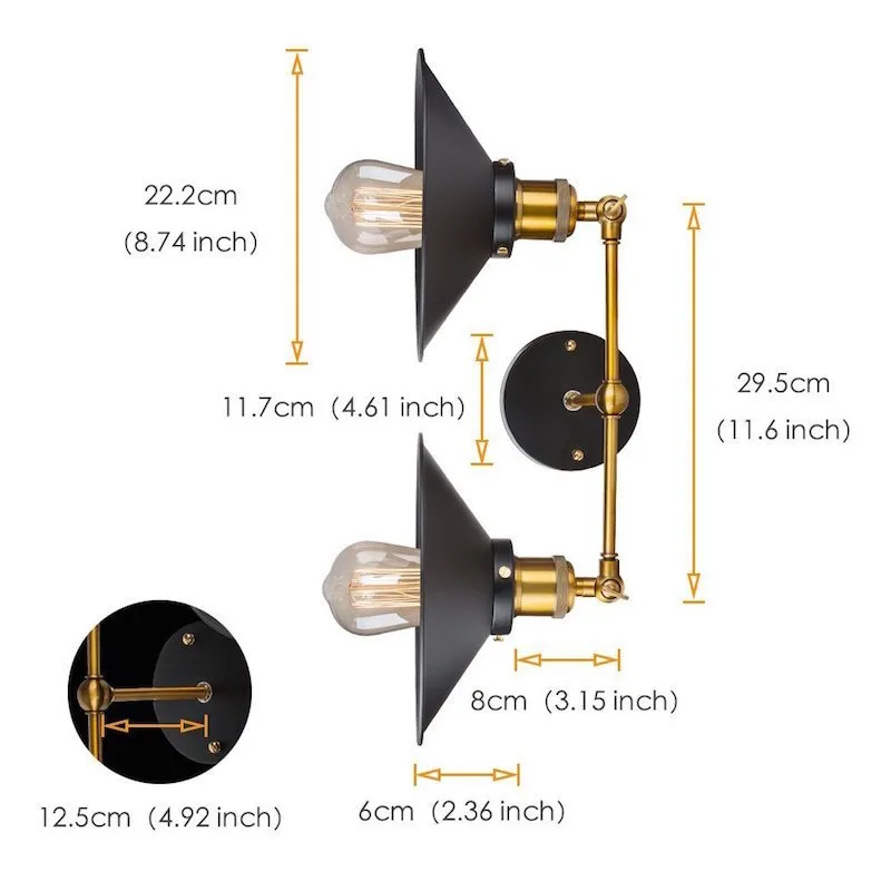 Black double head American retro industrial style iron wall lamp on a dark wall.