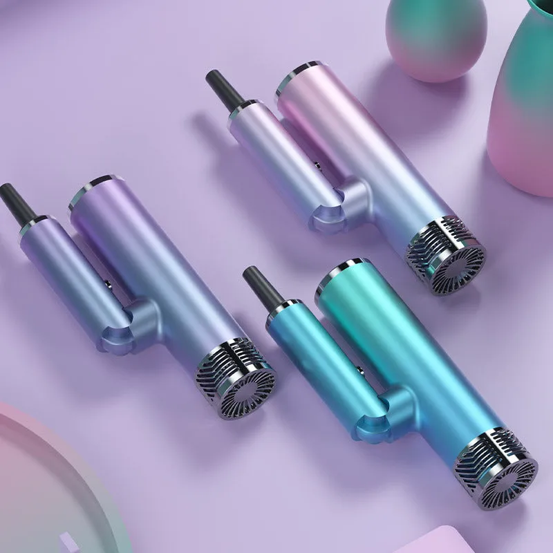 Green foldable hair dryer with collapsed handle for compact storage