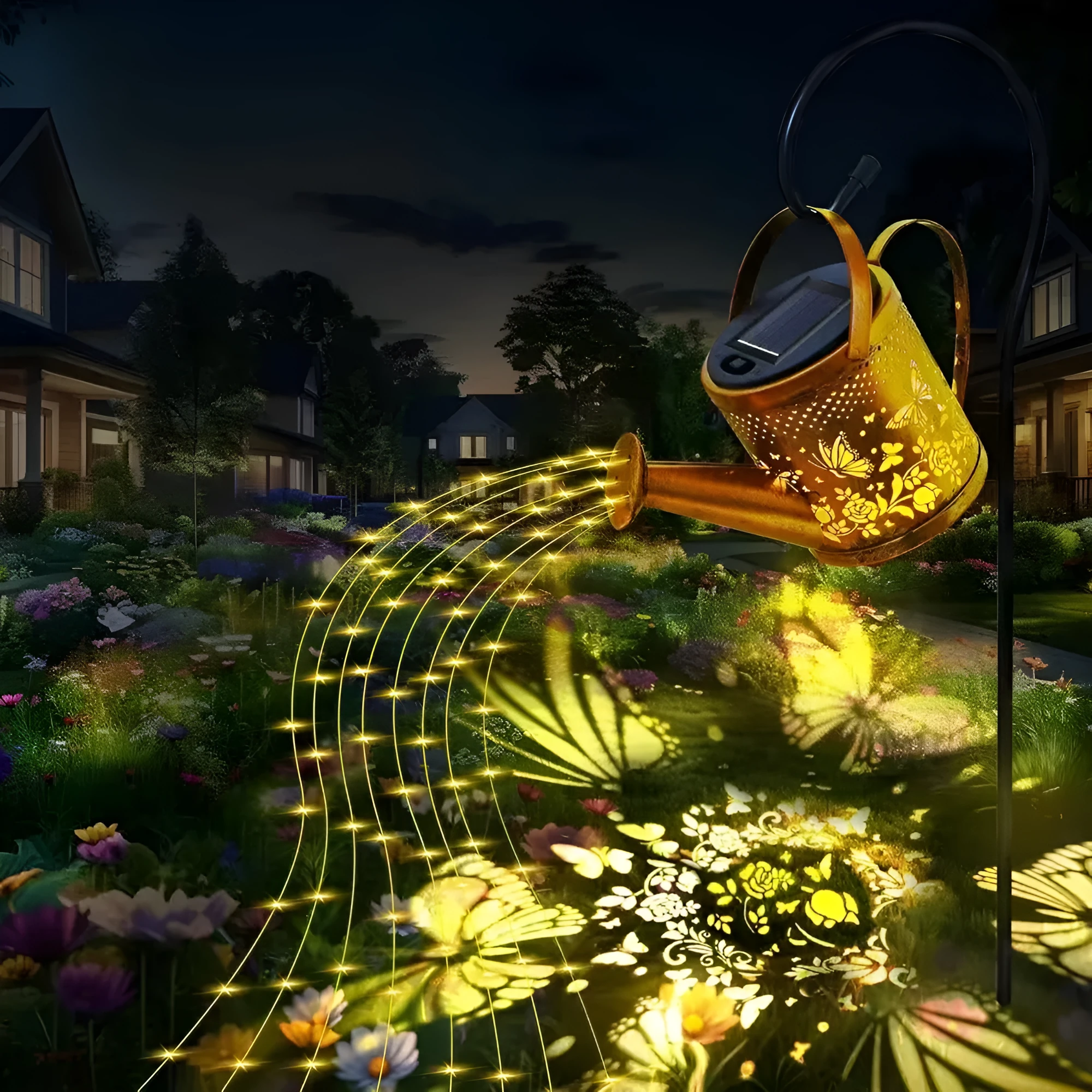 Solar-powered butterfly kettle light with wrought iron construction for outdoor courtyard decoration