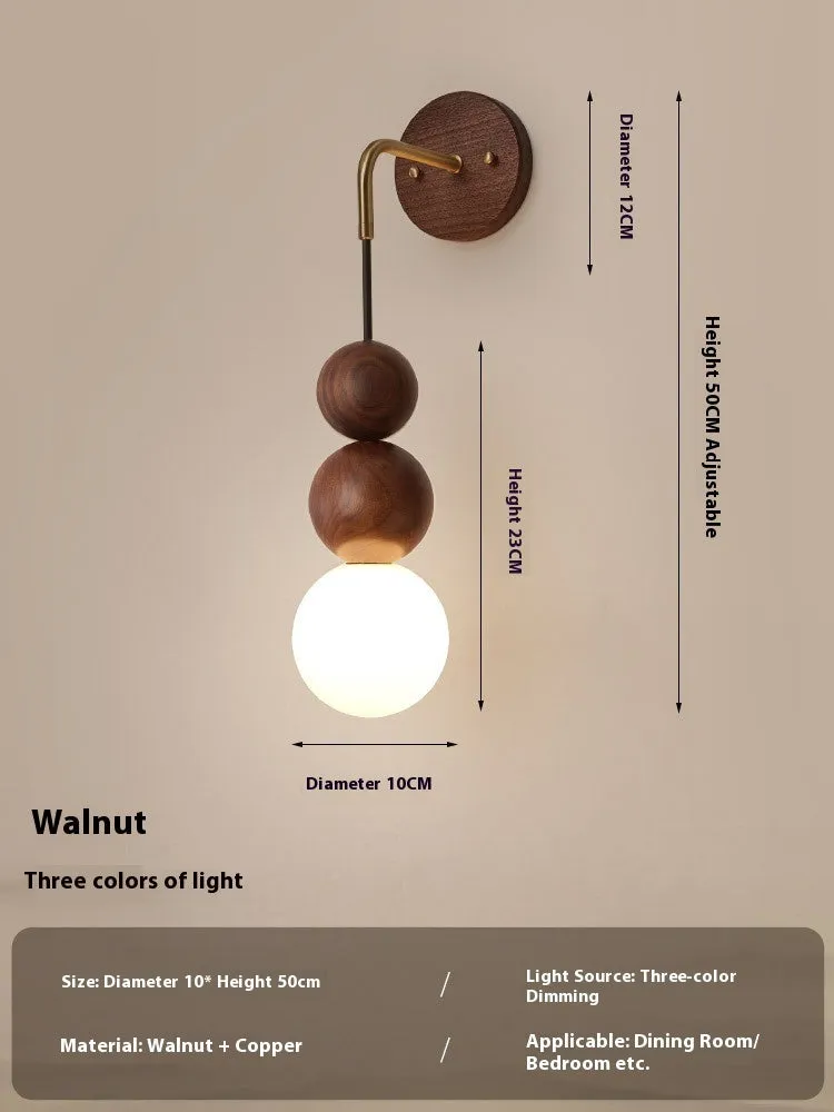 Wood and copper wall lamp with suspension wire and dimmable tricolour light