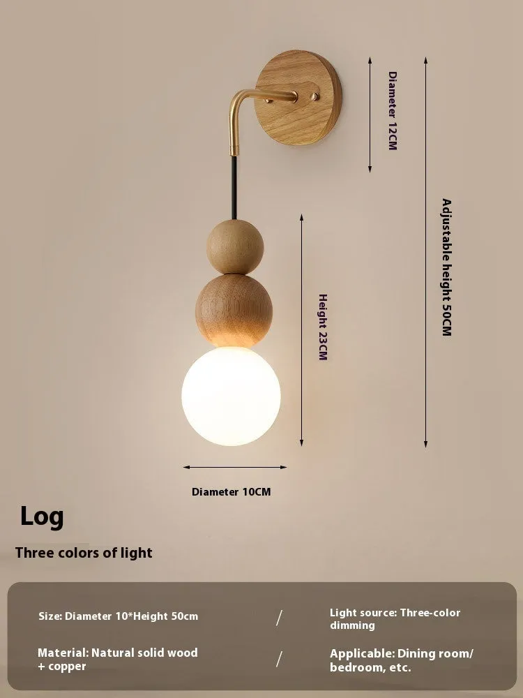 Wood and copper wall lamp with suspension wire and dimmable tricolour light