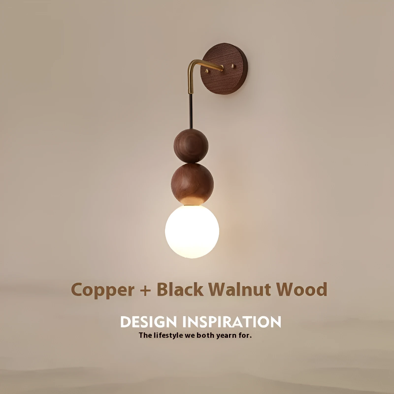 Wood and copper wall lamp with suspension wire and dimmable tricolour light