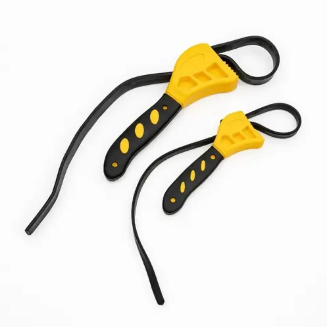 Adjustable rubber strap wrench in 6-inch and 8-inch sizes with plastic rubber strap and phosphated metal.