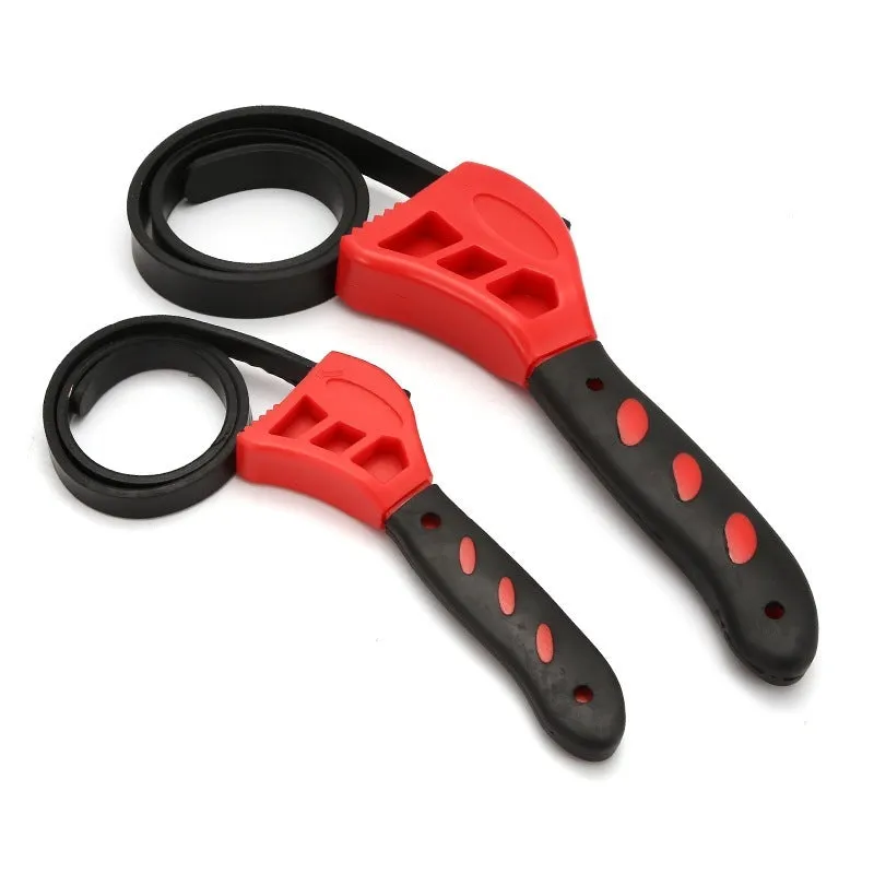 Adjustable rubber strap wrench in 6-inch and 8-inch sizes with plastic rubber strap and phosphated metal.
