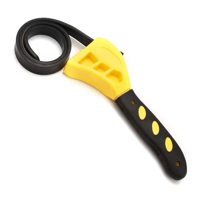 Adjustable rubber strap wrench in 6-inch and 8-inch sizes with plastic rubber strap and phosphated metal.