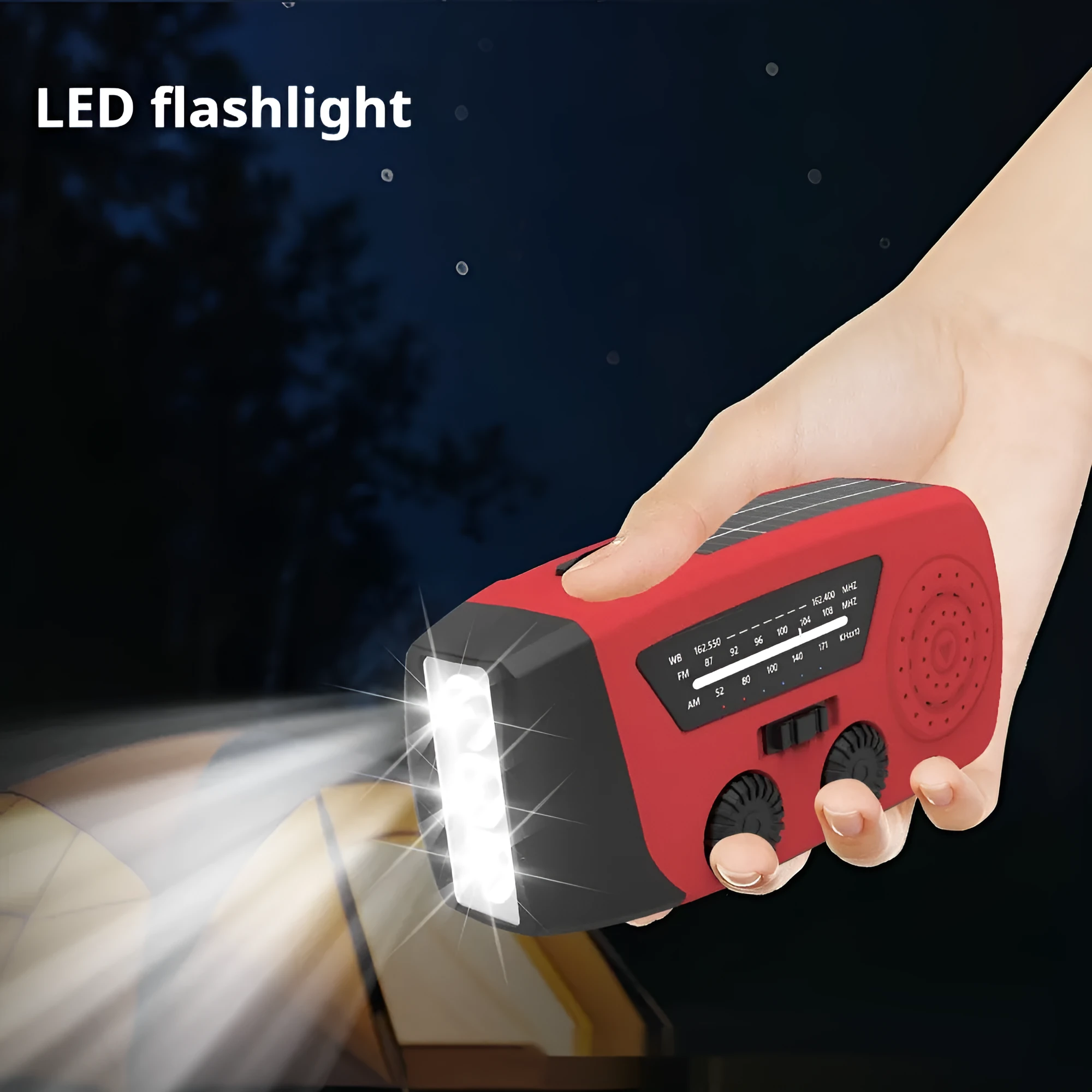 Red rechargeable emergency radio torch with flashlight, measuring 13.3 x 6.3 x 5.2 cm with wrist strap