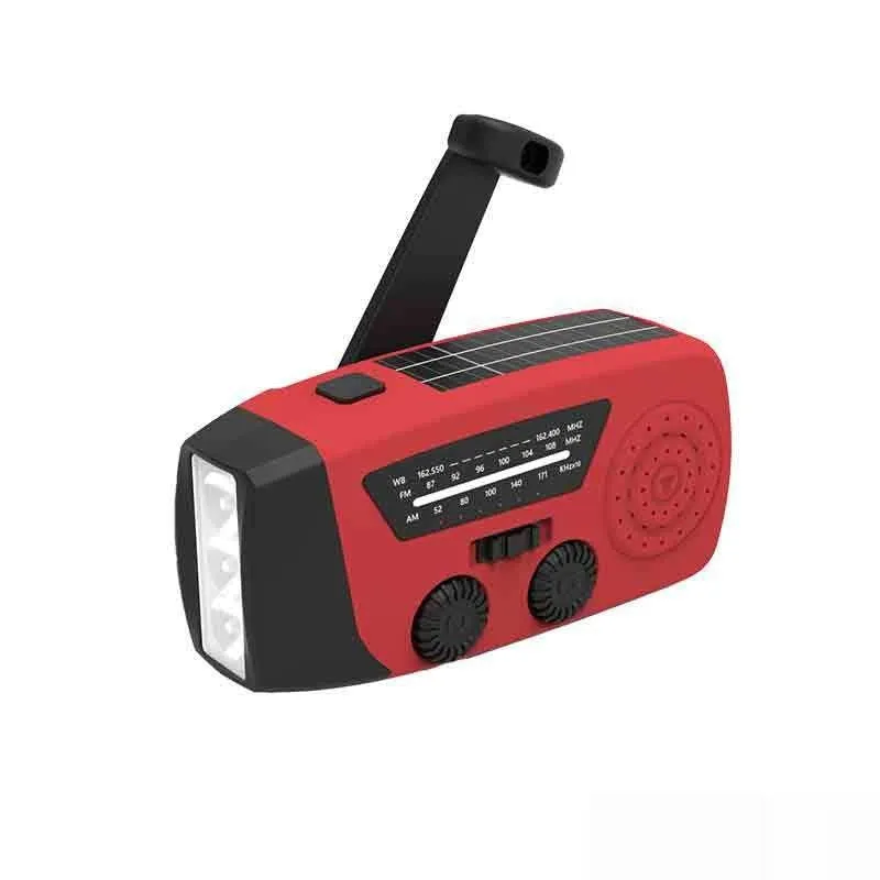 Red rechargeable emergency radio torch with flashlight, measuring 13.3 x 6.3 x 5.2 cm with wrist strap