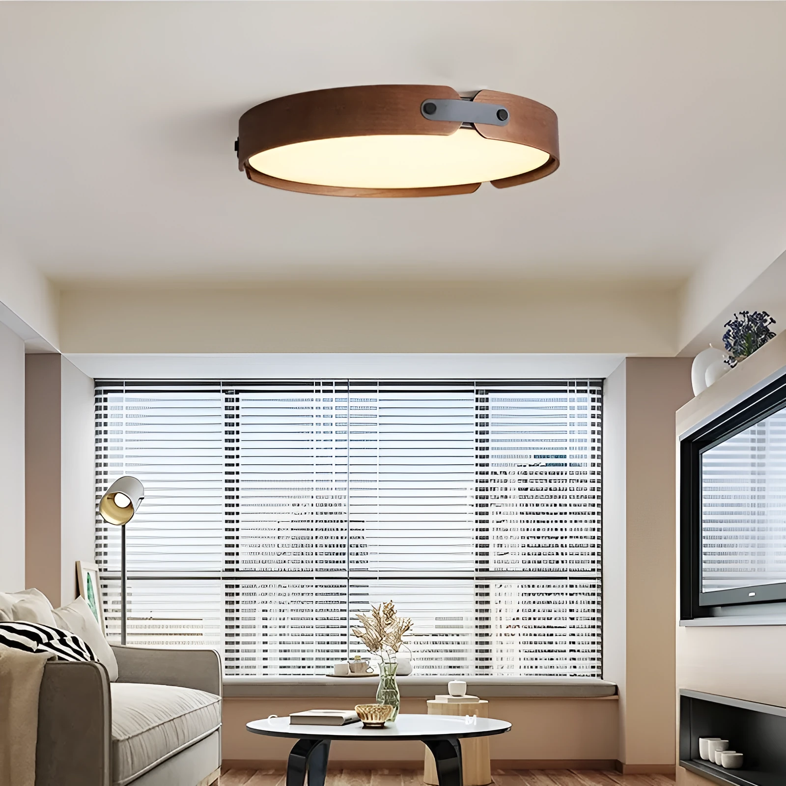 Japanese style wooden ceiling lamp with PMMA lampshade in 42cm and 56cm sizes