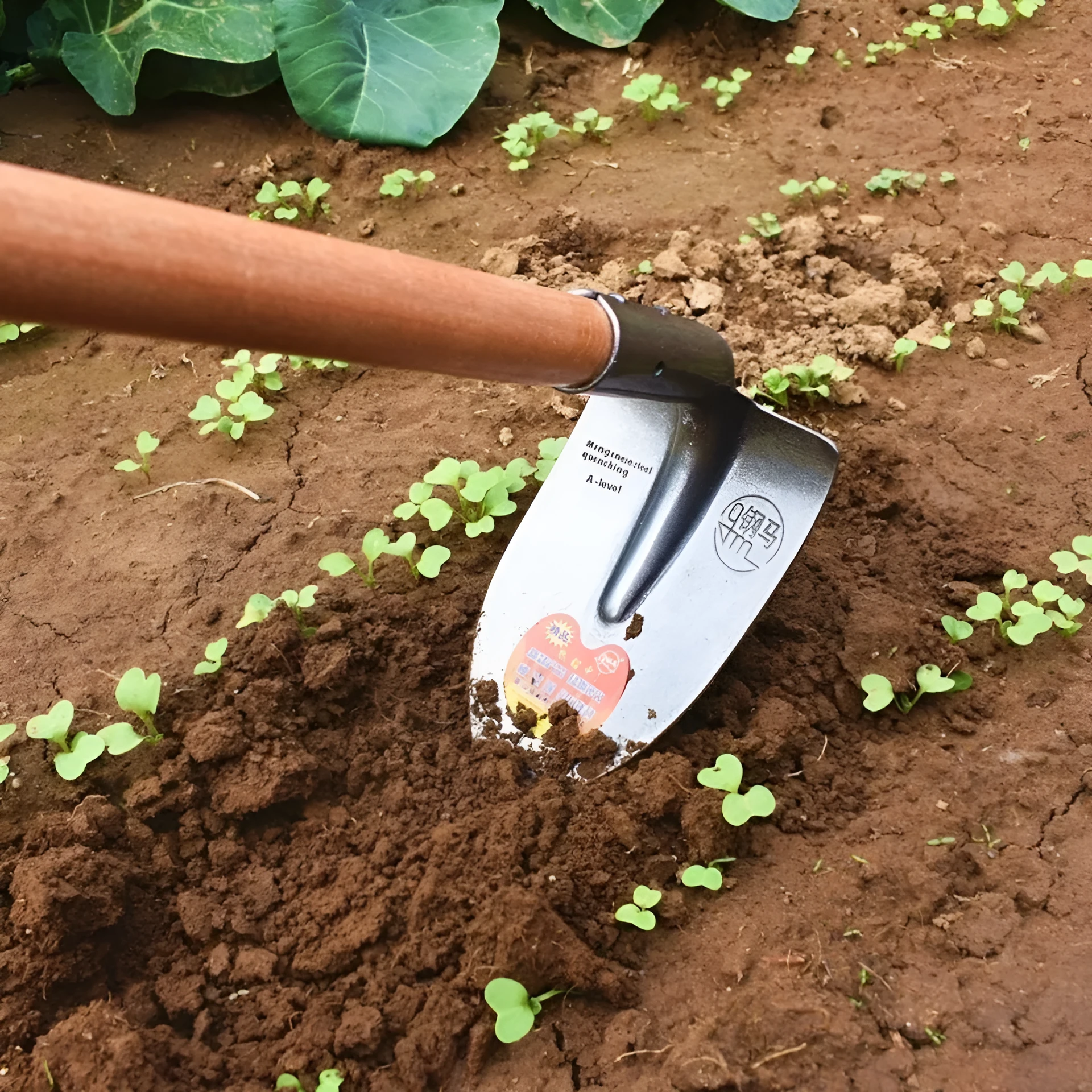 Agricultural pointed hoe with a steel horse tip head on a wooden handle for manual soil ripping.