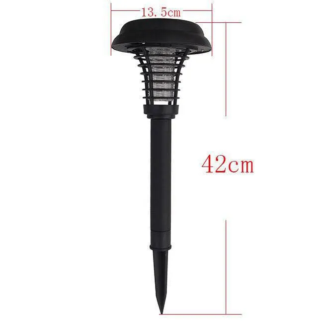 Black solar-powered garden insect lamp with white and UV purple light, 42cm tall.