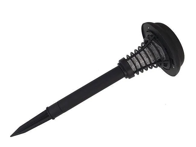 Black solar-powered garden insect lamp with white and UV purple light, 42cm tall.